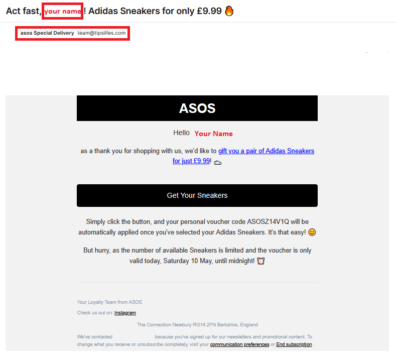 Example of a phishing scam email impersonating ASOS, offering Adidas sneakers for £9.99, using personalised name and fake sender address to trick users into clicking a malicious link and entering personal data.